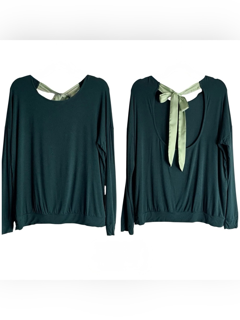 Adore Me Dark Green Long-Sleeve Scoop Top with Satin Back Bow